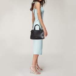 Pre Owned Burberry Black/Beige Leather and House Check Canvas Small Banner Tote