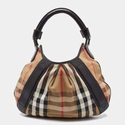 Pre Owned Burberry Black/Beige House Check Canvas and Leather Phoebe Hobo
