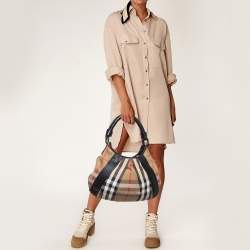 Pre Owned Burberry Black/Beige House Check Canvas and Leather Phoebe Hobo