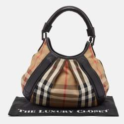 Pre Owned Burberry Black/Beige House Check Canvas and Leather Phoebe Hobo