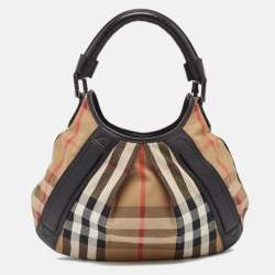 Pre Owned Burberry Black/Beige House Check Canvas and Leather Phoebe Hobo