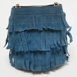 Burberry Blue Suede Mini Fringe Bucket Bag