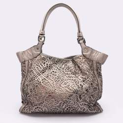 Burberry Metallic Taupe Laser Cut Leather and Coated Canvas Tote