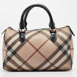 Pre Owned Burberry Black/Beige Nova Check Medium PVC and Patent Leather Chester Boston Bag