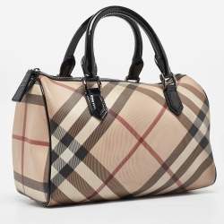 Pre Owned Burberry Black/Beige Nova Check Medium PVC and Patent Leather Chester Boston Bag
