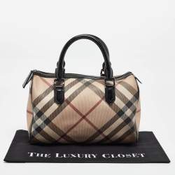 Pre Owned Burberry Black/Beige Nova Check Medium PVC and Patent Leather Chester Boston Bag