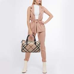 Pre Owned Burberry Black/Beige Nova Check Medium PVC and Patent Leather Chester Boston Bag