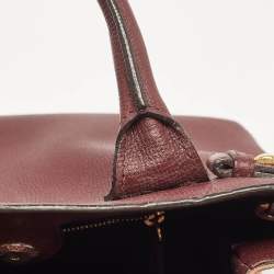 Burberry Burgundy/Beige Leather and House Check Fabric Small Banner Tote