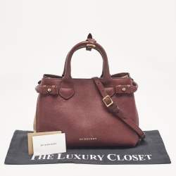 Burberry Burgundy/Beige Leather and House Check Fabric Small Banner Tote