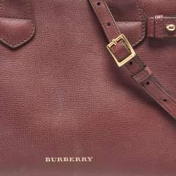 Burberry Burgundy/Beige Leather and House Check Fabric Small Banner Tote