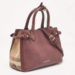 Burberry Burgundy/Beige Leather and House Check Fabric Small Banner Tote