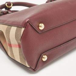 Burberry Burgundy/Beige Leather and House Check Fabric Small Banner Tote