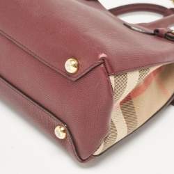 Burberry Burgundy/Beige Leather and House Check Fabric Small Banner Tote