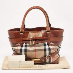مملوكة مسبقًا Burberry Brown/Beige House Check Canvas and Leather Medium Bridle Lynher Tote