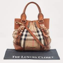 Pre Owned Burberry Brown House Check Fabric and Leather Bridle Tote