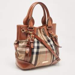 Pre Owned Burberry Brown House Check Fabric and Leather Bridle Tote
