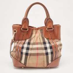 Pre Owned Burberry Brown House Check Fabric and Leather Bridle Tote