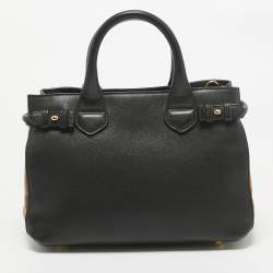 Pre Owned Burberry Black/Beige House Check Fabric and Leather Small Banner Tote