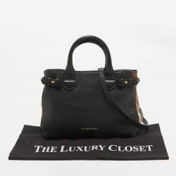 Pre Owned Burberry Black/Beige House Check Fabric and Leather Small Banner Tote