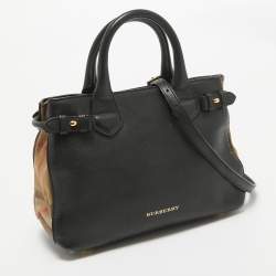 Pre Owned Burberry Black/Beige House Check Fabric and Leather Small Banner Tote
