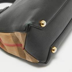 Pre Owned Burberry Black/Beige House Check Fabric and Leather Small Banner Tote