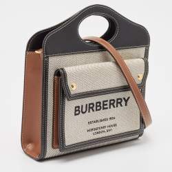 Pre Owned Burberry Black/Grey Leather and Canvas Mini Pocket Tote