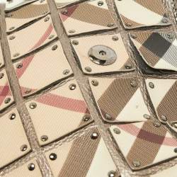 Pre Owned Burberry Metallic/Beige Nova Check Canvas and Leather Studded Brooke Warrior Hobo