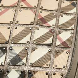 Pre Owned Burberry Metallic/Beige Nova Check Canvas and Leather Studded Brooke Warrior Hobo