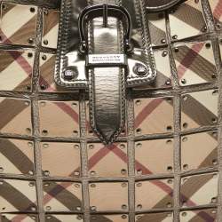 Pre Owned Burberry Metallic/Beige Nova Check Canvas and Leather Studded Brooke Warrior Hobo