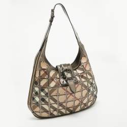 Pre Owned Burberry Metallic/Beige Nova Check Canvas and Leather Studded Brooke Warrior Hobo