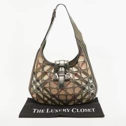Pre Owned Burberry Metallic/Beige Nova Check Canvas and Leather Studded Brooke Warrior Hobo