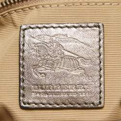 Pre Owned Burberry Metallic/Beige Nova Check Canvas and Leather Studded Brooke Warrior Hobo