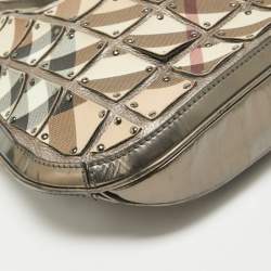 Pre Owned Burberry Metallic/Beige Nova Check Canvas and Leather Studded Brooke Warrior Hobo