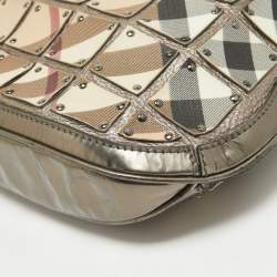 Pre Owned Burberry Metallic/Beige Nova Check Canvas and Leather Studded Brooke Warrior Hobo