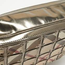 Pre Owned Burberry Metallic/Beige Nova Check Canvas and Leather Studded Brooke Warrior Hobo