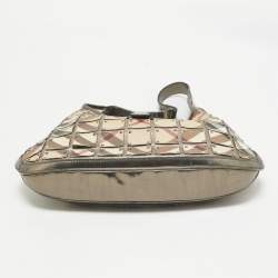 Pre Owned Burberry Metallic/Beige Nova Check Canvas and Leather Studded Brooke Warrior Hobo