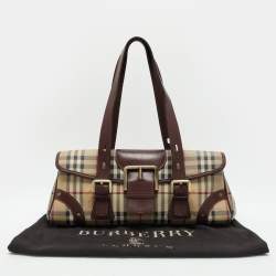 Pre Owned Burberry Brown/Beige Haymarket Check Coated Canvas and Leather Buckle Flap Satchel