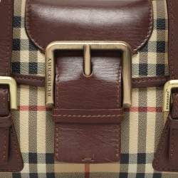 Pre Owned Burberry Brown/Beige Haymarket Check Coated Canvas and Leather Buckle Flap Satchel