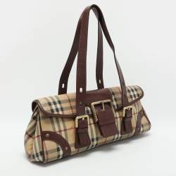 Pre Owned Burberry Brown/Beige Haymarket Check Coated Canvas and Leather Buckle Flap Satchel