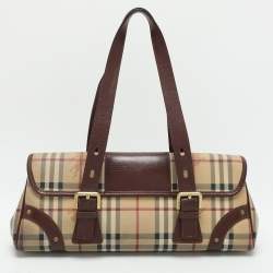 Pre Owned Burberry Brown/Beige Haymarket Check Coated Canvas and Leather Buckle Flap Satchel