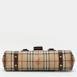 Pre Owned Burberry Brown/Beige Haymarket Check Coated Canvas and Leather Buckle Flap Satchel