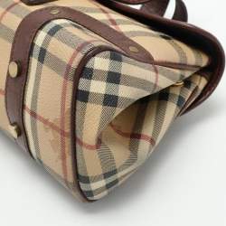 Pre Owned Burberry Brown/Beige Haymarket Check Coated Canvas and Leather Buckle Flap Satchel