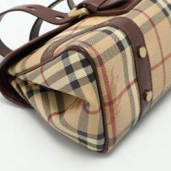 Pre Owned Burberry Brown/Beige Haymarket Check Coated Canvas and Leather Buckle Flap Satchel