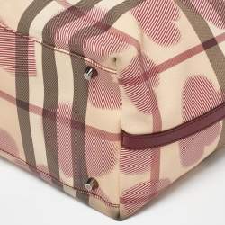 Pre Owned Burberry Beige/Burgundy Heart Print Check PVC and Patent Leather Brit Tote