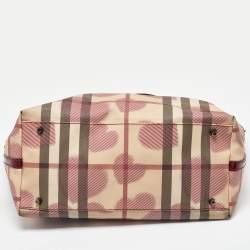 Pre Owned Burberry Beige/Burgundy Heart Print Check PVC and Patent Leather Brit Tote