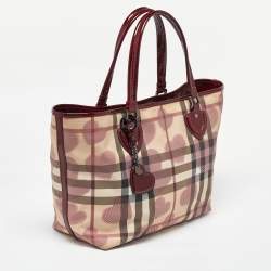 Pre Owned Burberry Beige/Burgundy Heart Print Check PVC and Patent Leather Brit Tote