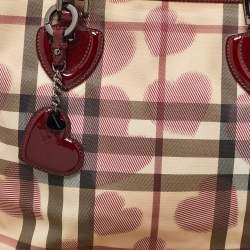 Pre Owned Burberry Beige/Burgundy Heart Print Check PVC and Patent Leather Brit Tote