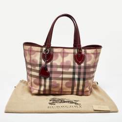 Pre Owned Burberry Beige/Burgundy Heart Print Check PVC and Patent Leather Brit Tote
