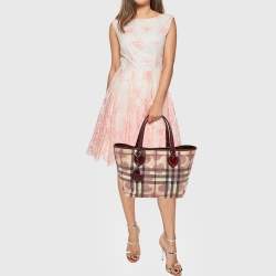 Pre Owned Burberry Beige/Burgundy Heart Print Check PVC and Patent Leather Brit Tote