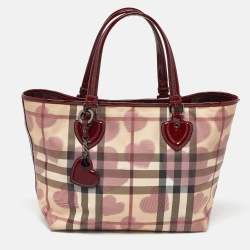 Pre Owned Burberry Beige/Burgundy Heart Print Check PVC and Patent Leather Brit Tote